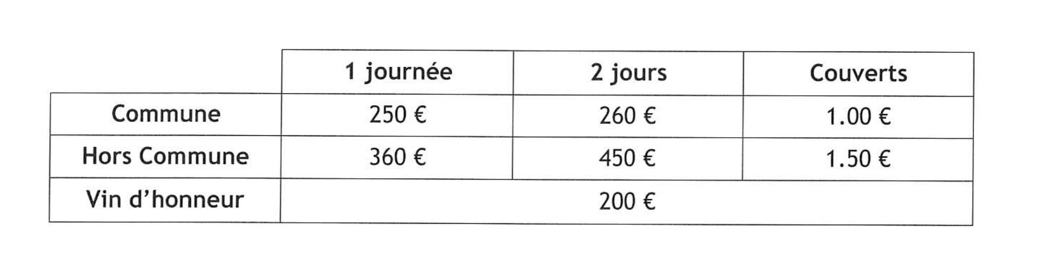 tarifs salle 2025